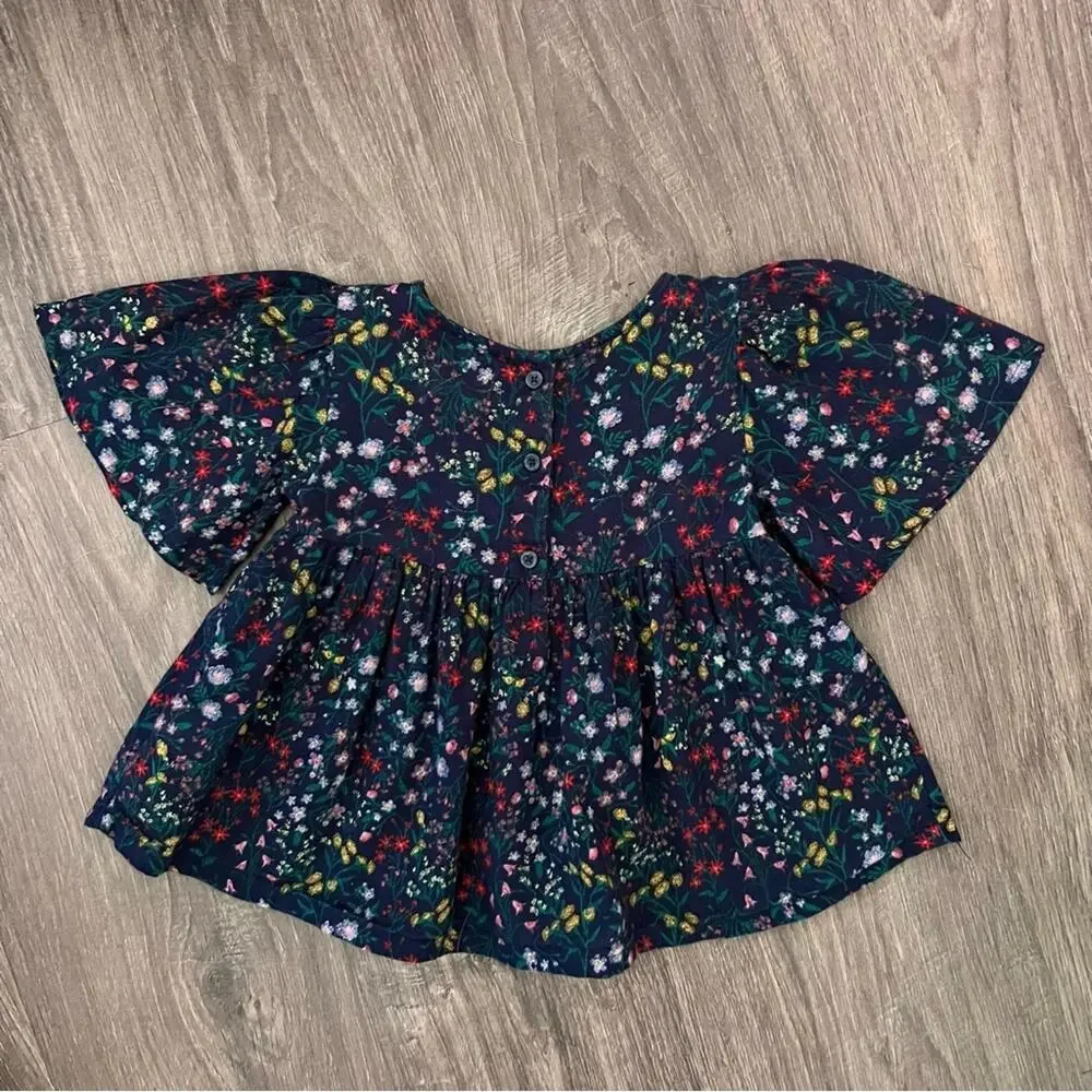 🌵3/$20 Old Navy Floral Top Girls 4T Navy Blue Cotton Short Flare Sleeve